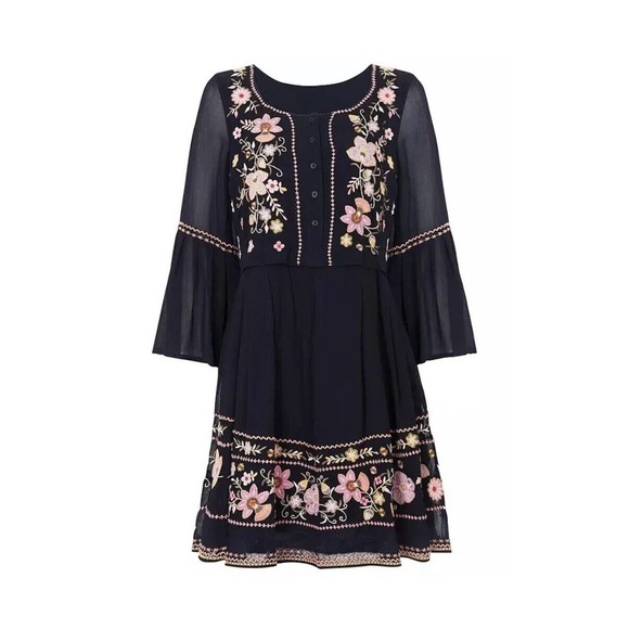French Connection Sunshine Bloom Gypsy Dress 0 XS Blue Pink Floral Embroidered - Picture 13 of 16